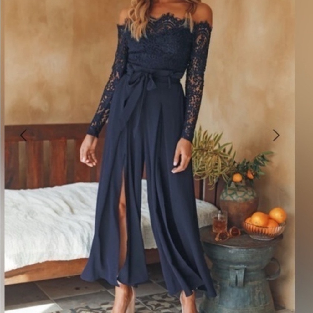 Hello Molly Navy Lace Off-Shoulder Jumpsuit